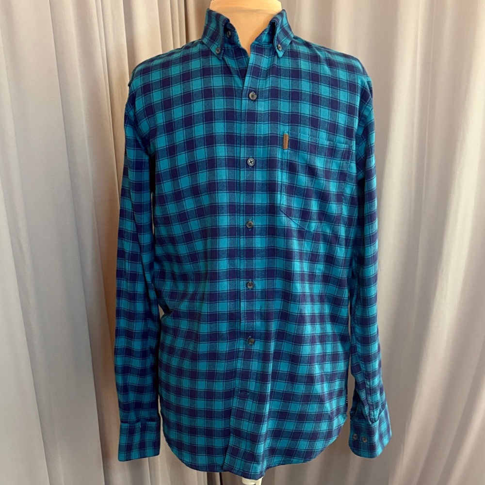 Izod Men's Button-Down Flannel Plaid Shirt in Teal & Navy